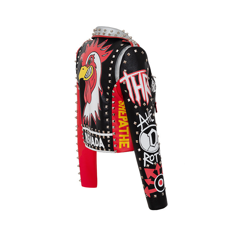 Women Leather Jacket Biker Motorcycle Coat Short Leather Jacket Graffiti Printing Contrast Color Motorcycle Leather Coat