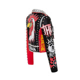 Punk Rock Jacket Leather Jacket Graffiti Printing Contrast Color Motorcycle Leather Coat Female Pu