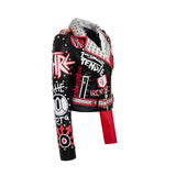 Punk Rock Jacket Leather Jacket Graffiti Printing Contrast Color Motorcycle Leather Coat Female Pu