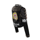 Punk Rock Jacket Graffiti Leather Jacket Color Contrast Short Slim Leather Jacket