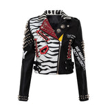 Punk Rock Jacket Graffiti Leather Jacket Color Contrast Short Slim Leather Jacket