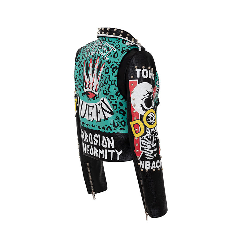 Women Leather Jacket Biker Motorcycle Coat Punk Graffiti Printing Leather Jacket Coat Women's Jacket