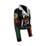Women Leather Jacket Biker Motorcycle Coat Graffiti Printing Slim-Fit Leather Coat Motorcycle Leather Coat
