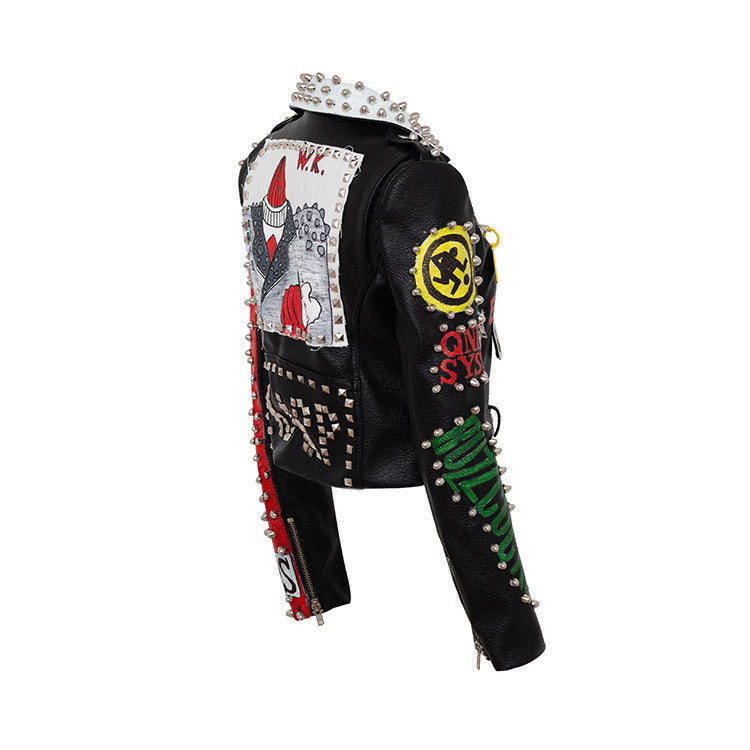 Women Leather Jacket Biker Motorcycle Coat Graffiti Printing Slim-Fit Leather Coat Motorcycle Leather Coat