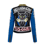 Women's Leather Jacket Biker Motorcycle Coat Printed Motorcycle Clothing Short Autumn and Winter Fashion Motorcycle Leather Coat for Women