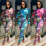 See through Pants Suit Autumn and Winter Fashion Sexy Print See-through Mesh Two-Piece Set Women