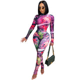 See through Pants Suit Autumn and Winter Fashion Sexy Print See-through Mesh Two-Piece Set Women