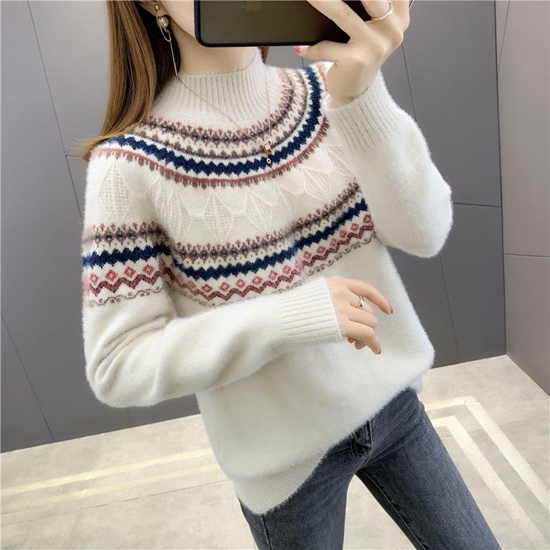 Fair Isle Sweater Cottagecore Outfits for Women Autumn and Winter Half-High Collar Pullover Fashion Knitwear