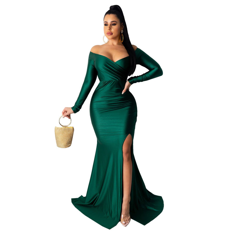 Winter Formal Dresses Sexy Dress Nightclub V-neck Formal Dress Solid Color Large Slit Long Dress Autumn and Winter Long Sleeve