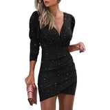 Winter Formal Dresses V-neck Long Sleeve 3D Digital Printing Sheath Tight Dress