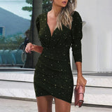 Winter Formal Dresses V-neck Long Sleeve 3D Digital Printing Sheath Tight Dress