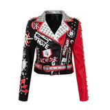 Women Leather Jacket Biker Motorcycle Coat Short Leather Jacket Graffiti Printing Contrast Color Motorcycle Leather Coat