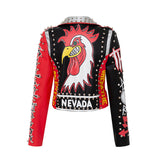 Women Leather Jacket Biker Motorcycle Coat Short Leather Jacket Graffiti Printing Contrast Color Motorcycle Leather Coat