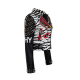 Women Leather Jacket Biker Motorcycle Coat Graffiti Leather Jacket Color Contrast Short Slim Wallet