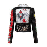 Women Leather Jacket Biker Motorcycle Coat Graffiti Printing Slim-Fit Leather Coat Motorcycle Leather Coat