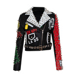 Women Leather Jacket Biker Motorcycle Coat Graffiti Printing Slim-Fit Leather Coat Motorcycle Leather Coat