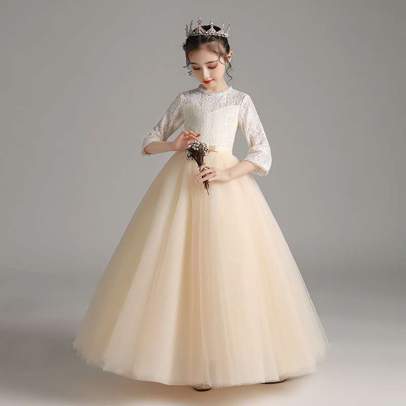 Princess Charlotte Flower Girl Dress Wedding Winter Performance Champagne Long Host Children Princess Dress