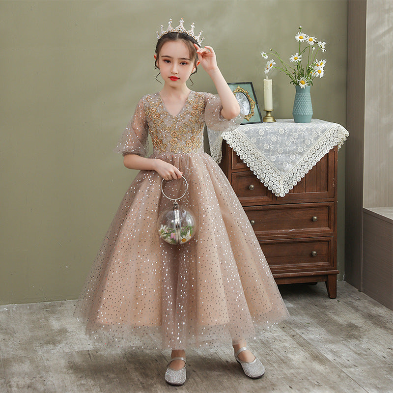 Princess Charlotte Flower Girl Dress Children's Autumn Piano Performance Dress Long Host Evening Dress