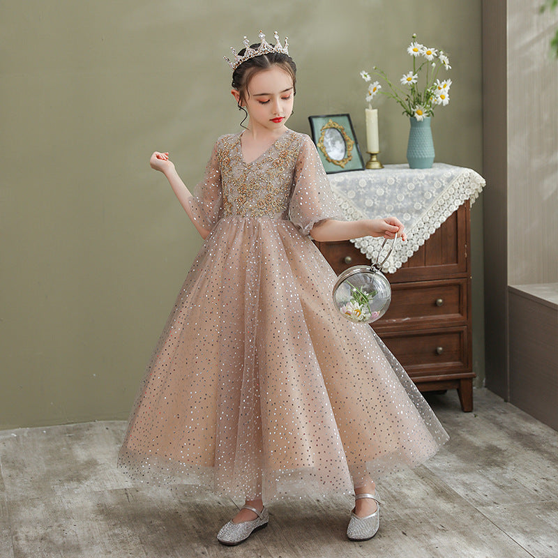 Princess Charlotte Flower Girl Dress Children's Autumn Piano Performance Dress Long Host Evening Dress