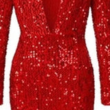 Olivia Wilde Dress Fishtail Red Shiny Long Sleeve V-neck Dress