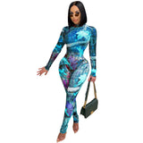 See through Pants Suit Autumn and Winter Fashion Sexy Print See-through Mesh Two-Piece Set Women