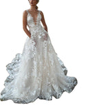 Women Lace Wedding Dress Deep V Strap Wedding Dress Evening Gown