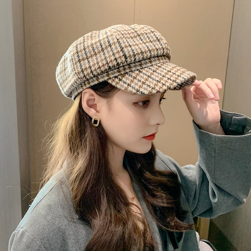Check Beret Hat Women's Fashion Spring, Autumn and Winter Retro