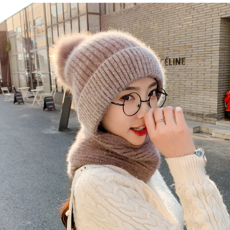 Women Winter Hats One-Piece Wool Fluffy Ball Cap Warm Ear Protection