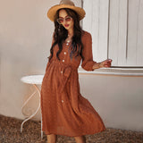 Burnt Orange Dress Women's Spring Long Sleeve Chiffon Midi Dress High Waist Temperament Women's Commuting Wear