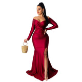 Winter Formal Dresses Sexy Dress Nightclub V-neck Formal Dress Solid Color Large Slit Long Dress Autumn and Winter Long Sleeve