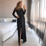 Bohemian Coachella Outfits Simple Elegant Long Pure Color Split 3/4 Sleeve Slim Dress Large Size Slimming Stretch
