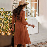 Burnt Orange Dress Women's Spring Long Sleeve Chiffon Midi Dress High Waist Temperament Women's Commuting Wear