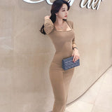 Milkmaid Dress Solid Color Square Collar Long Sleeve High Waist Bodycon Dress Sheath Split Long Dress