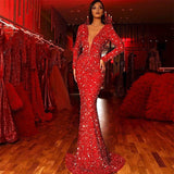 Olivia Wilde Dress Fishtail Red Shiny Long Sleeve V-neck Dress