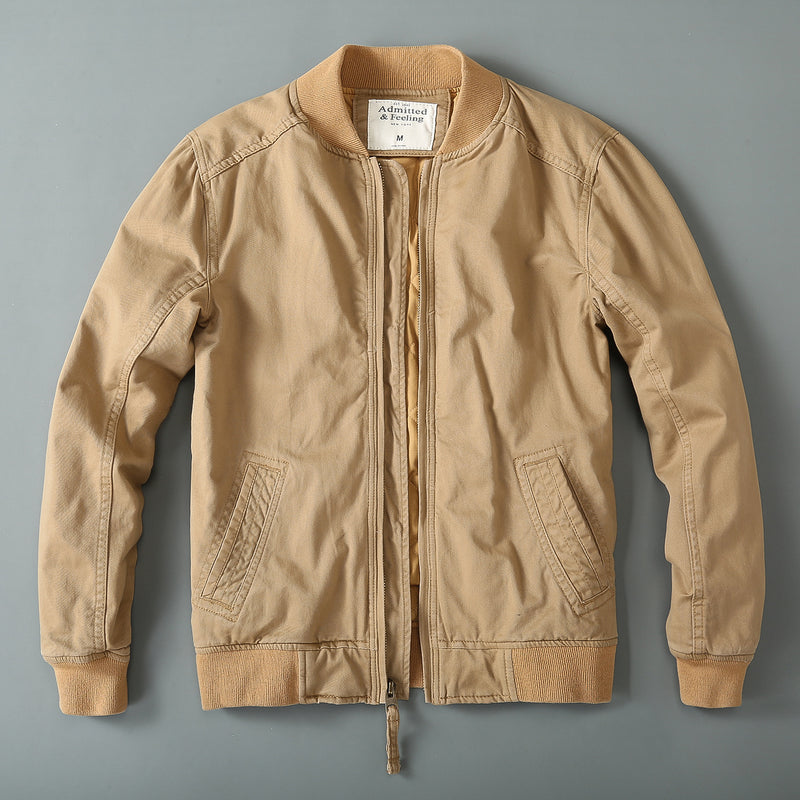 Beige Varsity Jacket Coat Thickened Men's Casual Jacket Windproof Stand Collar Autumn and Winter Jacket