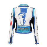 Punk Rock Jacket Pu Women's Leather Top Graffiti Printing Coat