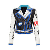 Punk Rock Jacket Pu Women's Leather Top Graffiti Printing Coat