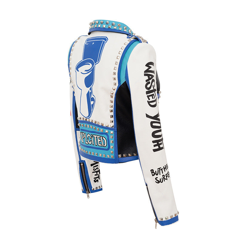Punk Rock Jacket Pu Women's Leather Top Graffiti Printing Coat