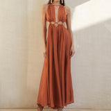 Burnt Orange Dress Summer Halter Lace-up Swing Long Dress Hollow Sexy Dress