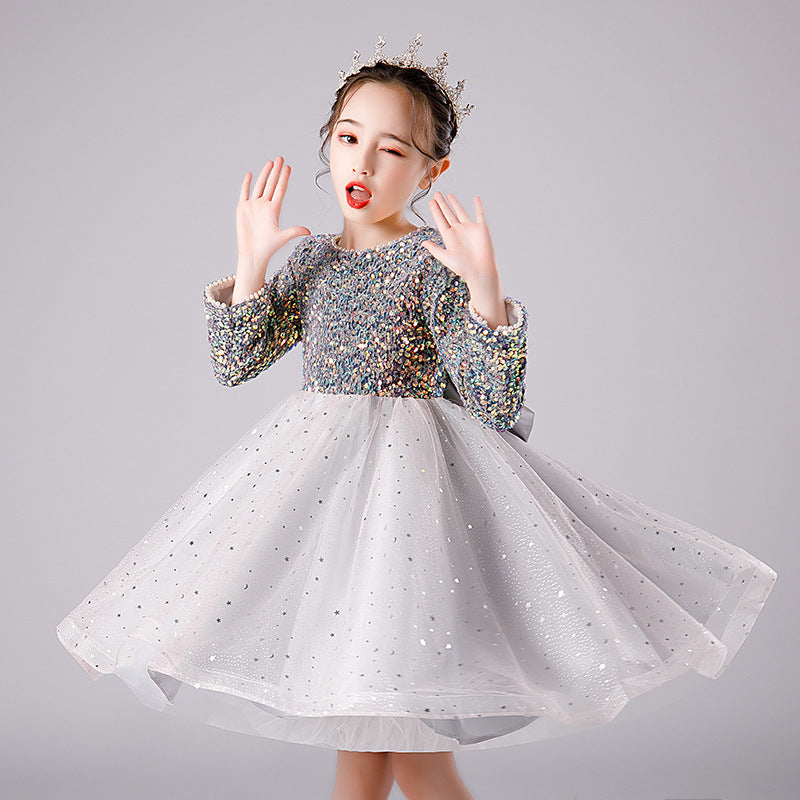 Princess Charlotte Flower Girl Dress Children Princess Dress Sequined Long Sleeve Piano Catwalk Performance Costumes