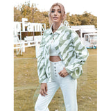 Women Denim Jacket Slim Light Green Zebra Pattern Denim Jacket