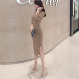 Milkmaid Dress Solid Color Square Collar Long Sleeve High Waist Bodycon Dress Sheath Split Long Dress
