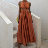 Burnt Orange Dress Summer Halter Lace-up Swing Long Dress Hollow Sexy Dress