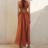 Burnt Orange Dress Summer Halter Lace-up Swing Long Dress Hollow Sexy Dress