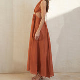 Burnt Orange Dress Summer Halter Lace-up Swing Long Dress Hollow Sexy Dress