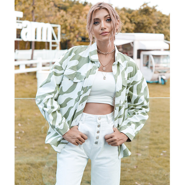 Women Denim Jacket Slim Light Green Zebra Pattern Denim Jacket