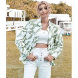 Women Denim Jacket Slim Light Green Zebra Pattern Denim Jacket