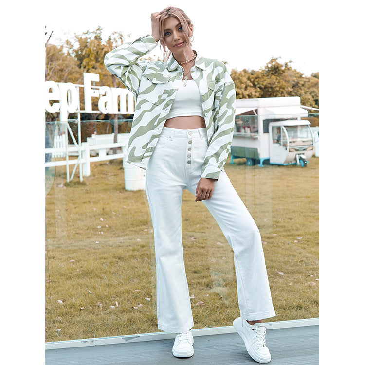 Women Denim Jacket Slim Light Green Zebra Pattern Denim Jacket