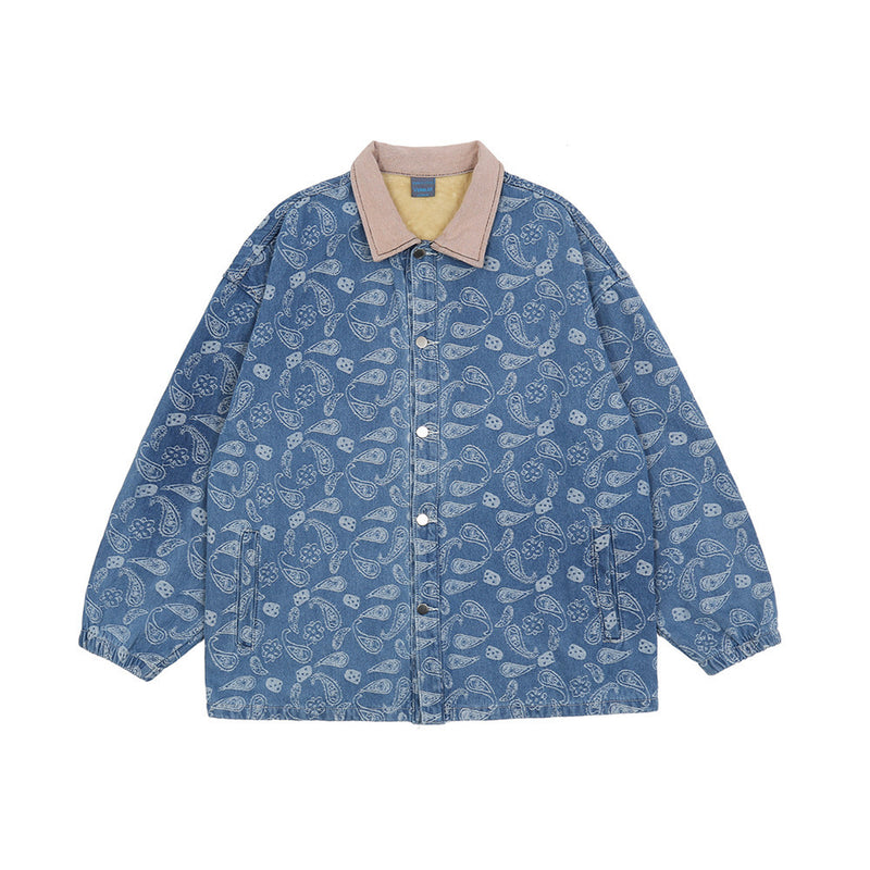 Men Denim Coat Jean Jackets Paisley Denim Jacket Men's Color Contrast Patchwork Jacket Baggy Coat