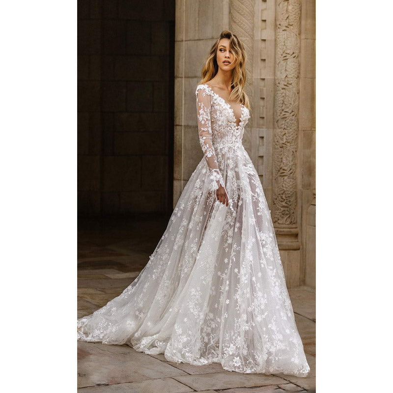 Women Lace Wedding Dress Sexy Lace Long Sleeve Dress Evening Dress